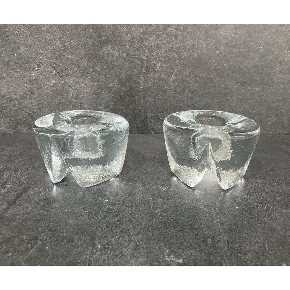 2 Vtg Blenko Art Glass Clear Textured Wedge Crystal Taper Candle Holders